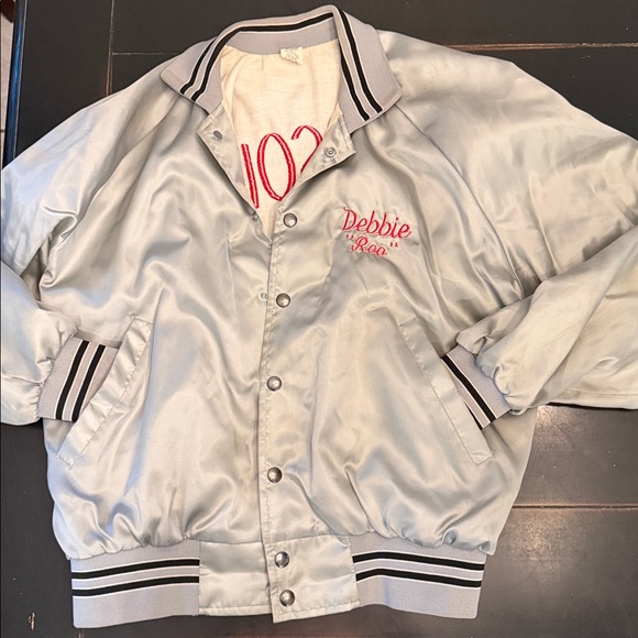 Vintage Team Jacket Silver Gray Satin Varsity Jacket with red Embroidered Logo